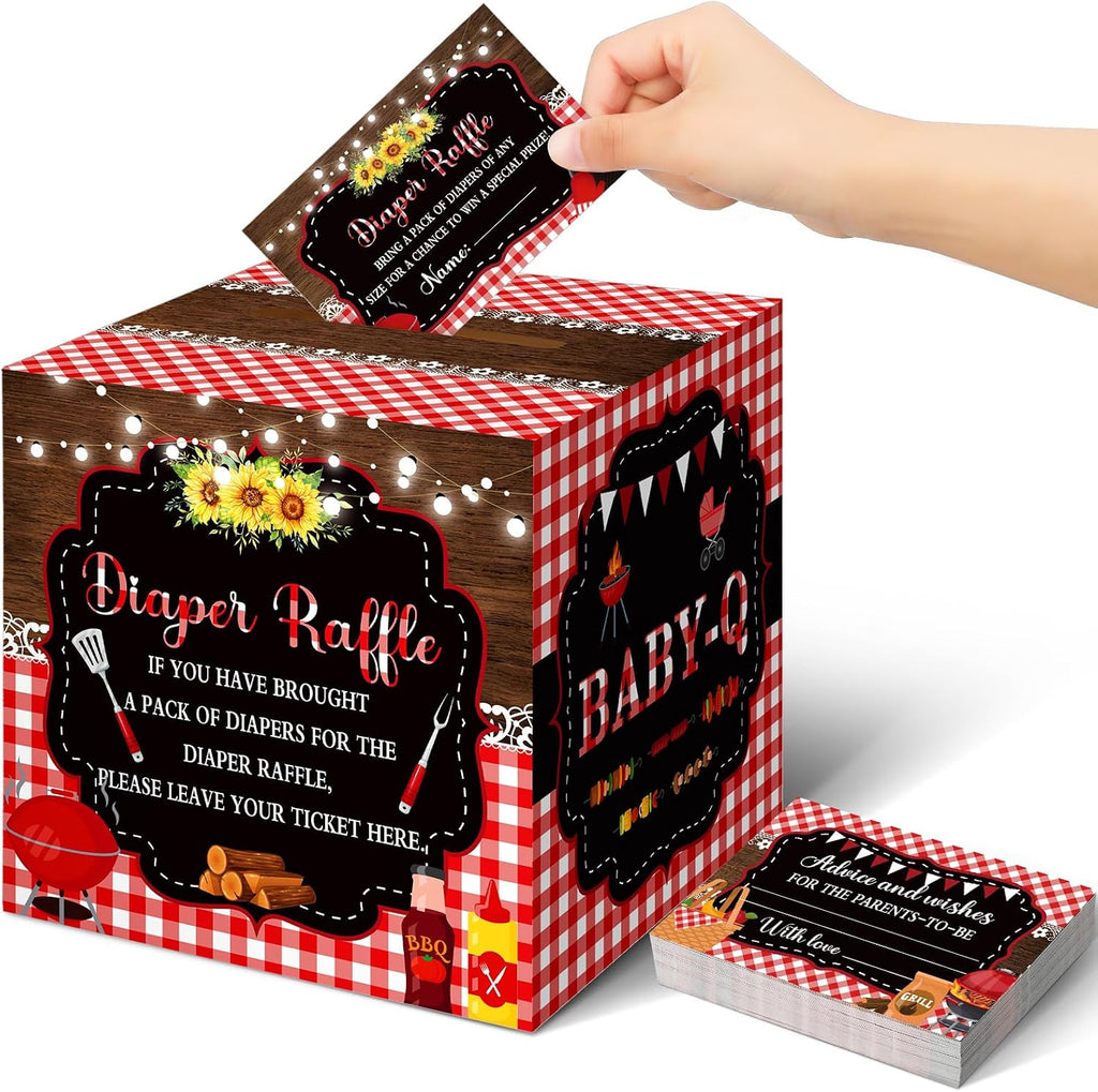 Teling 51 Pieces Diaper Raffle Tickets with Card Box Baby Shower Decorations Gender Reveal Holder Box for Girl Boy Diaper Raffle Party (BBQ Style)