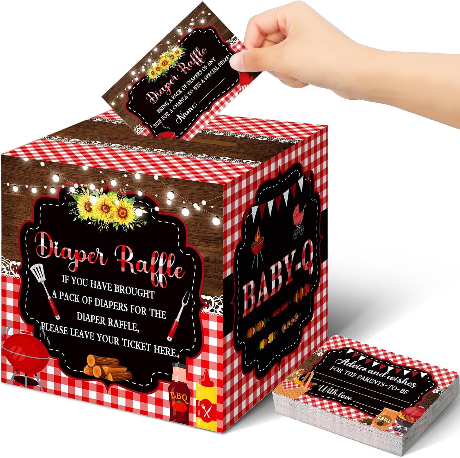 Teling 51 Pieces Diaper Raffle Tickets with Card Box Baby Shower Decorations Gender Reveal Holder Box for Girl Boy Diaper Raffle Party (BBQ Style)