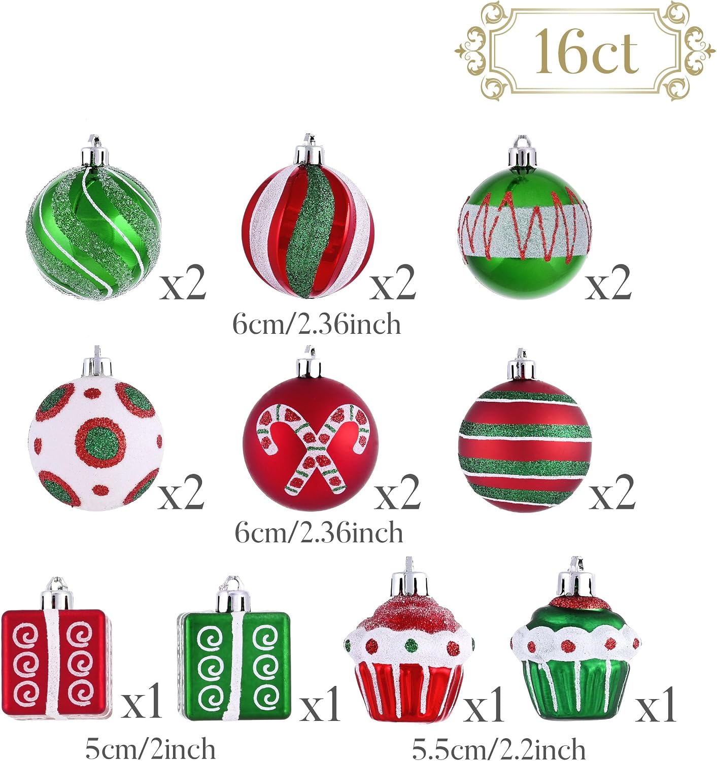 Valery Madelyn Christmas Tree Ornaments Set, 16ct Candy Cane Red Green White Shatterproof Christmas Tree Decorations Bulk, 2.36 Inch Decorative Hanging Ball Ornaments for Xmas Trees Holiday Decor