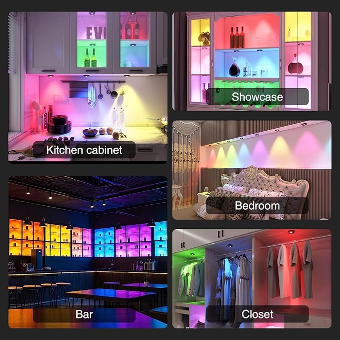 RGB Puck Lights with Remote Control, 2000mAh Rechargeable Stick on Led Lights, 9 Colors & 2 Dynamic, Tap Light with Timing,Under Cabinet Lighting for Closet,Kitchen,Cabinet,Shelf(Black, 3 Pack)