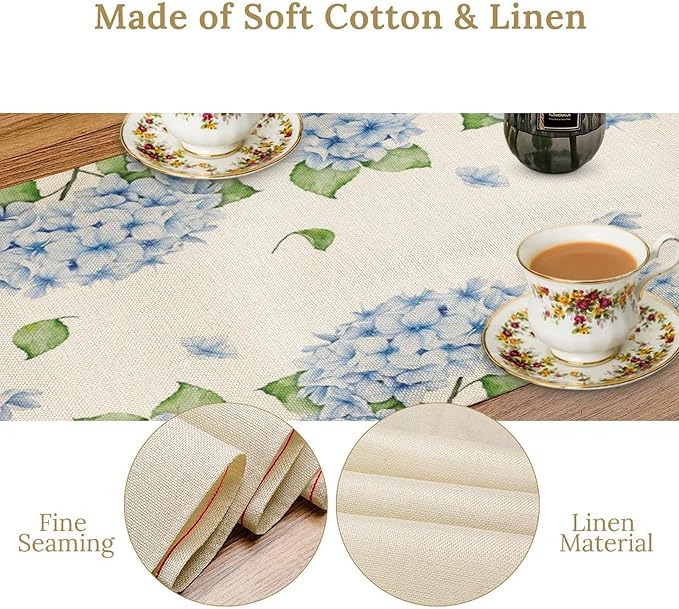 Watercolor Hydrangea Flower Table Runner, Spring Summer Seasonal Plants Butterfly Blue Dinner Runner for Home Kitchen Dining Table Party Holiday Decoration 13"x90"