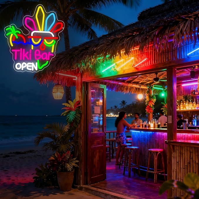 Tiki Bar Neon Sign, Tiki Bar Open Led Neon Light Signs for Wall Decor Hawaii Tropical Luau Aloha Party Outdoor Decorations for Pub Bistro Night Club Home Man Cave Dimmable USB Powered(13.8" × 12.2")