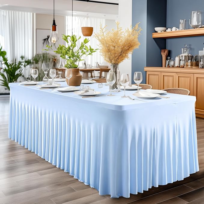 Wish Care 6 Pack Baby Blue Spandex Table Clothes for 8 Foot Rectangle Tables, 8FT Wrinkle Free Fitted Tablecloths Ruffles Design Table Cover for Party, Banquet, Wedding and Events