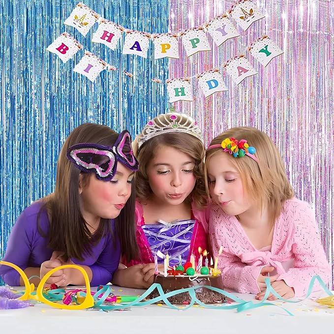 BRAVESHINE Pink Blue Tinsel Foil Fringe Curtains - 2Pcs 3.2x8.2ft Holidays Photo Streamers Backdrop for Easter Girl or Boy Birthdays Bridal Shower Party Supplies Decorations