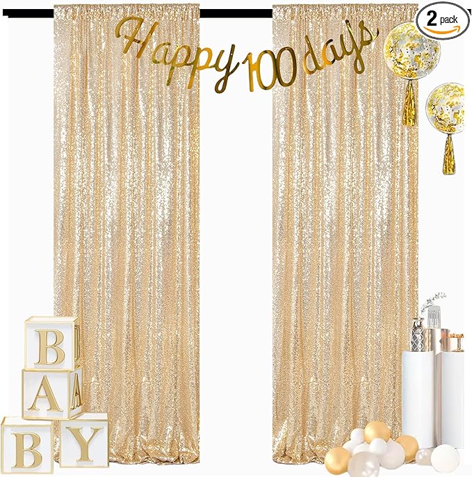 ShinyBeauty Champagne Gold Sequin Backdrop - 2 Panels, 7Ft x 7Ft, Sparkly Glitter Backdrop for Parties/Prom Backgrounds