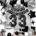 33rd Birthday Decorations for Men Women, Black Silver Happy Birthday Party Decorations， 33 Year Old Party Supplies with Number 33 Balloons, Banner, Fringe Curtains Kit
