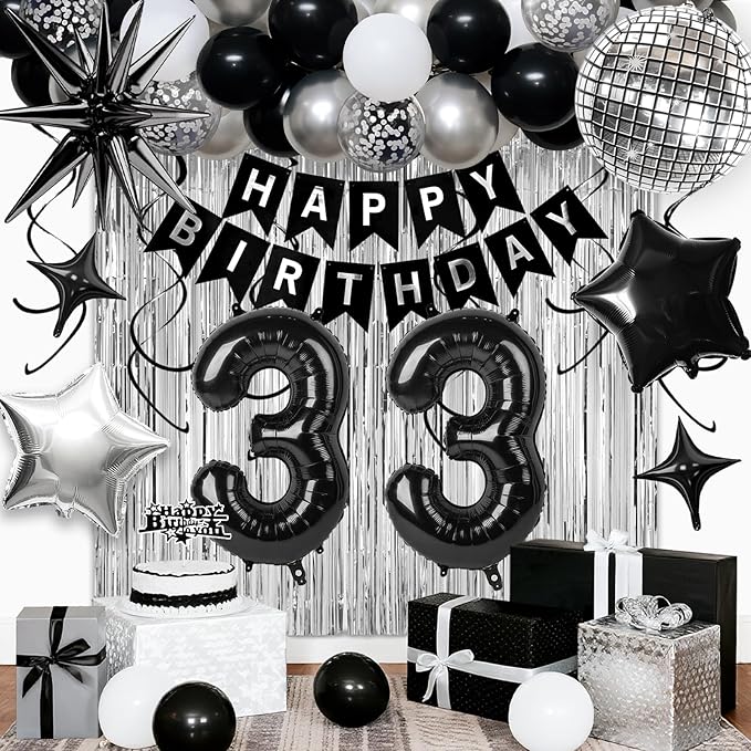 33rd Birthday Decorations for Men Women, Black Silver Happy Birthday Party Decorations， 33 Year Old Party Supplies with Number 33 Balloons, Banner, Fringe Curtains Kit