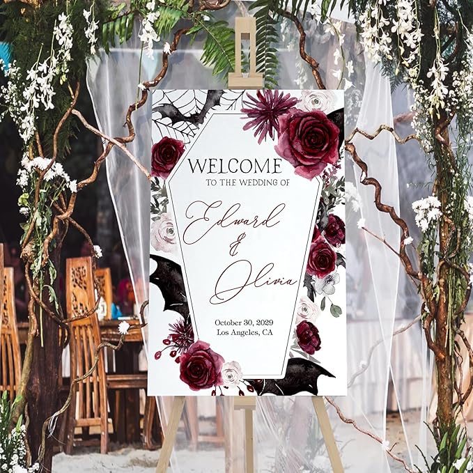 Halloween Wedding Welcome Sign, Wedding Sign, Halloween Wedding Sign, Wedding Decorations, Black Wedding Gothic Welcome Sign, Halloween Couples Shower, Welcome Wedding Sign With Stand