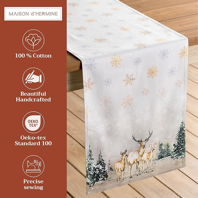 Maison d' Hermine Table Runner 100% Cotton Double Layer Table Runners 72 inches Long for Thanksgiving Christmas Decorations Home Kitchen Dining Party Wedding (Deer in The Woods, 14.5" x 72")