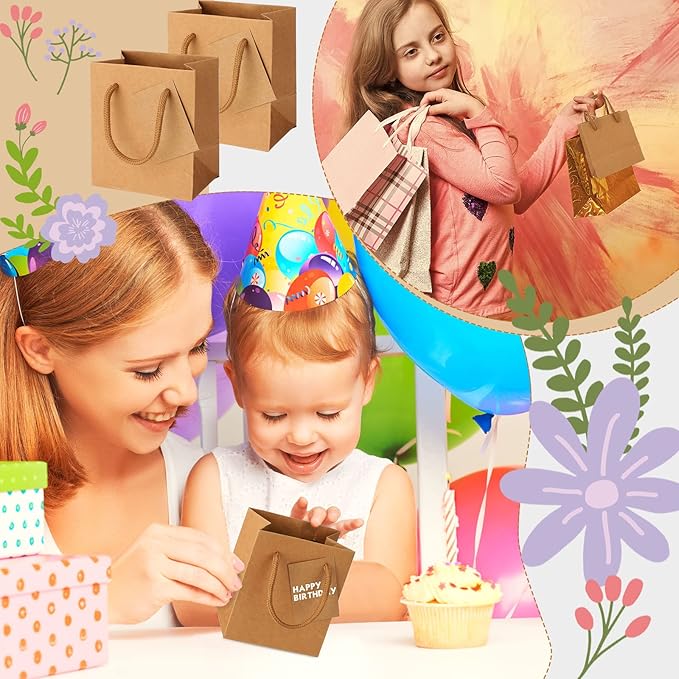 Sherr 100 Pack Mini Gift Bags Bulk, 4 x 2.75 x 4.5 Inches Paper Bags with Tags, Extra Small Paper Gift Boxes with Handles for Birthday, Party Favors, Weddings, Small Business(Brown)