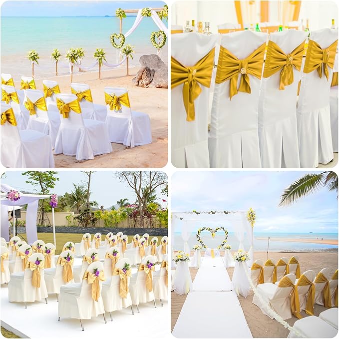 Satin Chair Sashes Bows Universal Chair Ribbon Ties Back Sash for Wedding Party Reception Events Banquets Hotel Event Chair Cover Decoration (7x108 inch) (100, Gold)