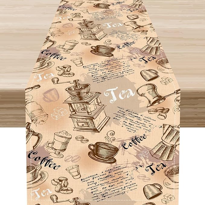 Coffee Theme Table Runner, Rustic Farmhouse Coffee Cup Tea Party Cafe Table Center Decor for Home Kitchen Dining Patio Holiday Party Indoor Outdoor Table Decorations,13"x90" Inch