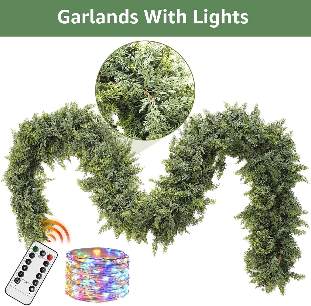 cedar christmas garland with lights for mantle, close-up detail