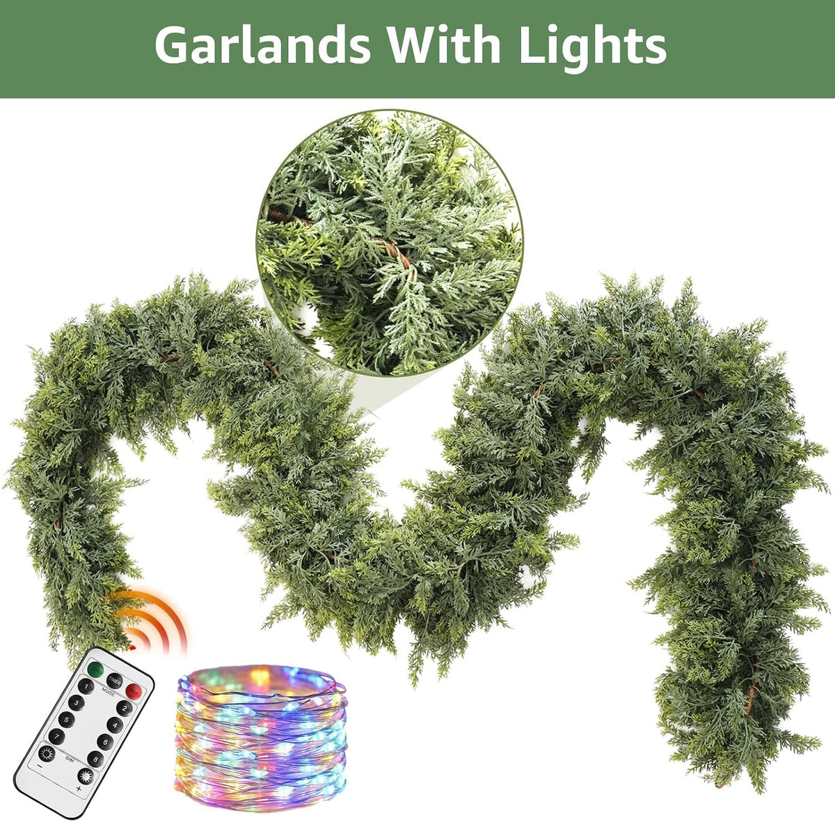 cedar christmas garland with lights for mantle, close-up detail