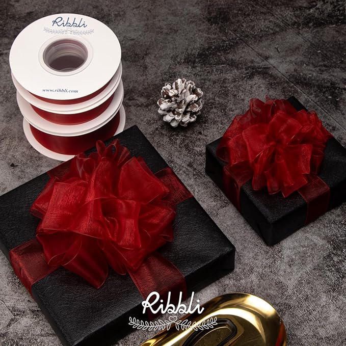 Ribbli Red Sheer Organza Ribbon,1-1/2 Inch x Continuous 50 Yard Use for Gift Wrapping,Bouquet Wrapping,Wedding Decoration,All Crafting and Sewing