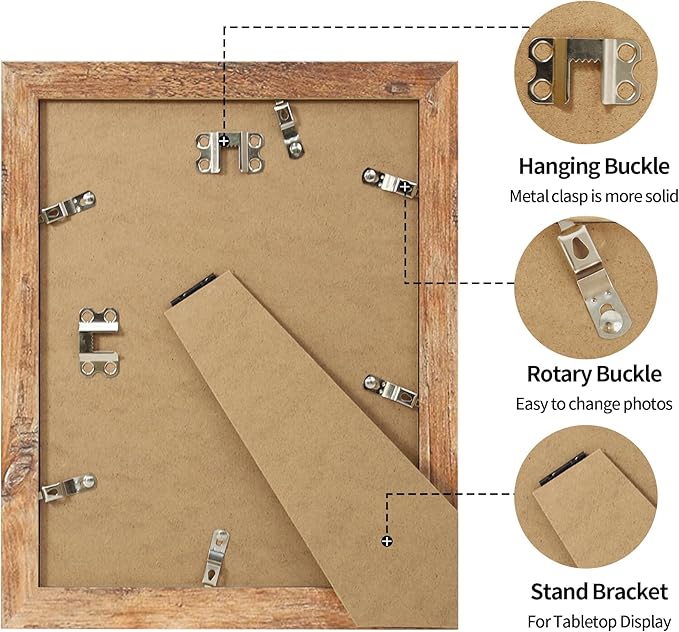 8.5x11 Picture Frame Set of 4, High Definition Real Glass Rustic Brown Frame, Wood Photo Frames 8.5 by 11 Diploma Document for Wall Hanging and Tabletop Display