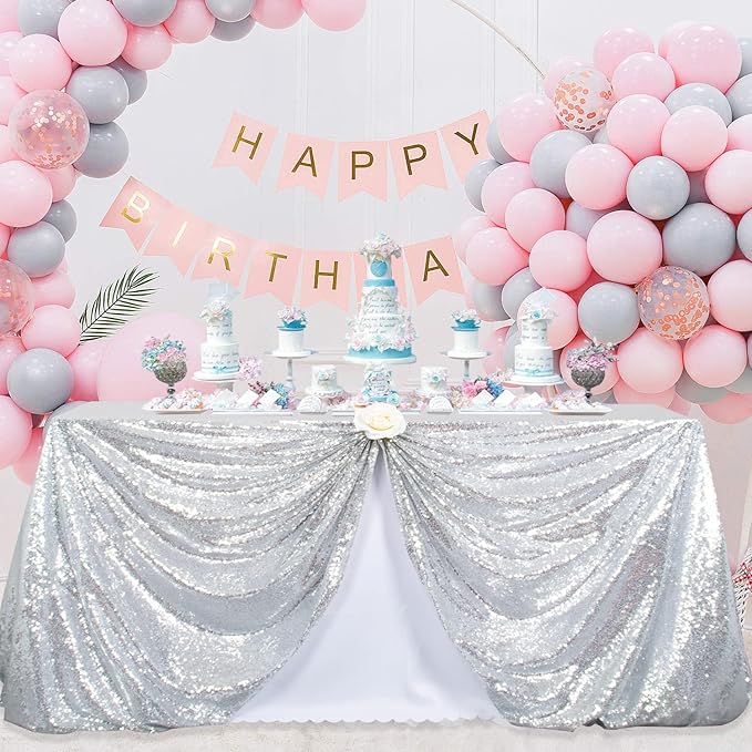 ShinyBeauty Sequin Tablecloth Silver 72''x72'' Square Glitter Table Cover Silver Table Cloths for Parties Wedding TableCover Event Decor Sparkley Tablecloth Kitchen Linen