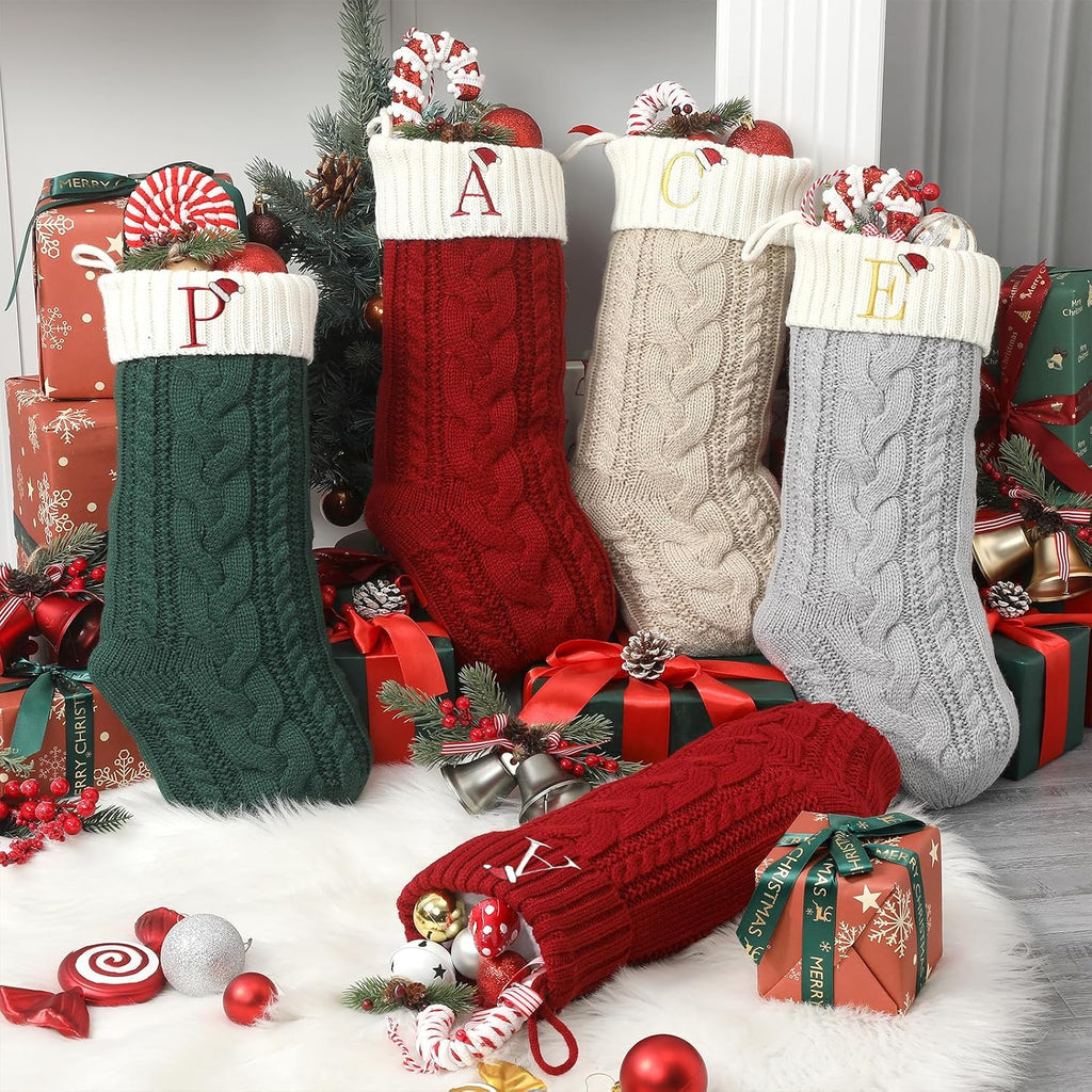 Christmas Stockings with Initials, 18" Large Embroidered Monogram Knit Family Christmas Stocking, Red Xmas Stocking for Kids, Christmas Decoration for Family Fireplace Holiday Party(Letter A)