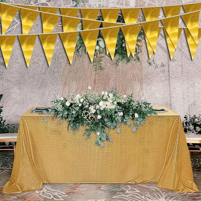 40M/130FT Gold Triangle Pennant Banner Flag Metallic Fabric Bunting Garland for Christmas Graduation Wedding Engagement Anniversary Bachelorette Birthday Bridal Shower Valentines Hen Party Supplies