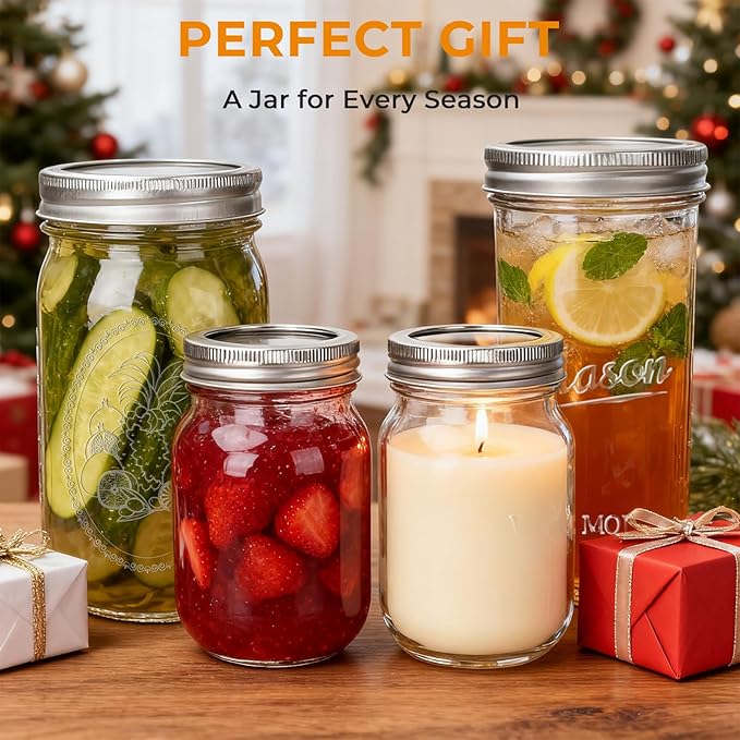 CycleMore Mason Jars Bundle, 12 Pack J Canning Jars With Bands and Lids, Ideal for Jam, Honey, Wedding/Shower Favors, DIY & Oats - 32 OZ x 4, 24 OZ x 4, 16 OZ x 4 (16oz - 24oz - 32oz)