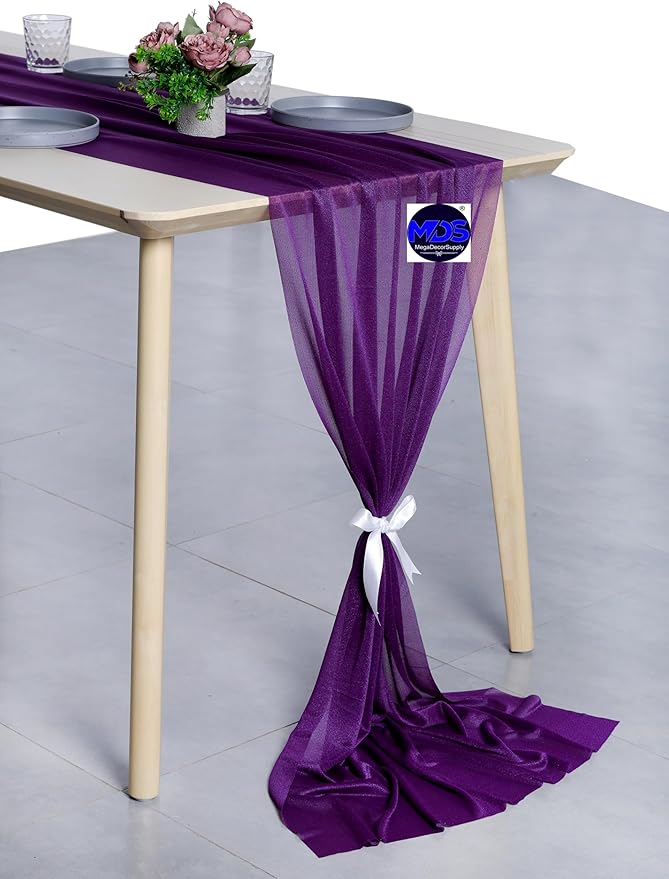 MDS 2 Pack 14ft Chiffon Table Runner 29 x 170 Inches Sheer Wedding Runner Romantic Rustic Table Runner for Wedding Decorations, Birthday Parties, Bridal Shower Party Arch Decor - Cadbury Purple