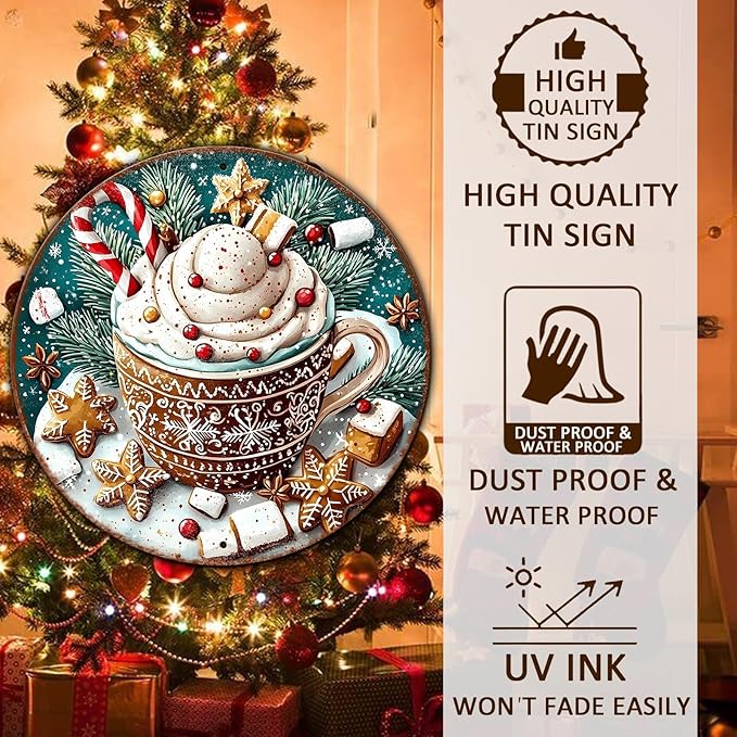 Round Christmas Signs Hot Cocoa Bar Metal Tin Sign Christmas Decor For Home Vintage Christmas Coffee Cocoa Tin Sign Hot Chocolate Bar Sign 12 * 12 in