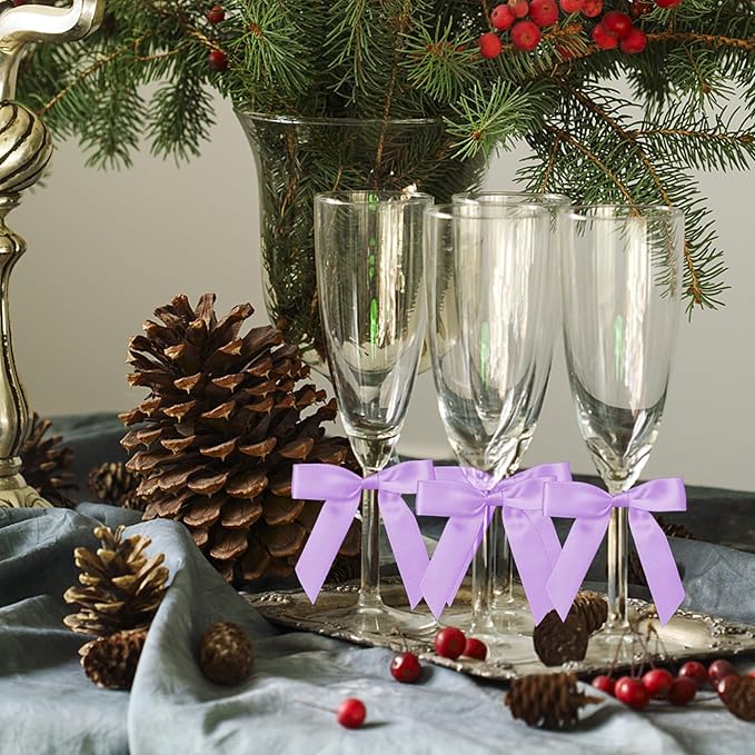 50Pcs Lilac Twist Tie Bows for Gift Wrapping 2.5" Satin Ribbon Bow for Treat Bags Cake Balloons Birthday Party Favors Wedding Decorations