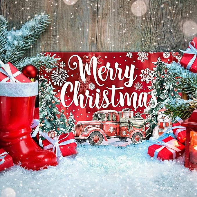 Christmas Truck Metal Tin Sign Merry Christmas Sign Funny Snowman Tin Sign Christmas Tree House Decoration for Indoor Home House Decor Party Supplies 12x16Inch