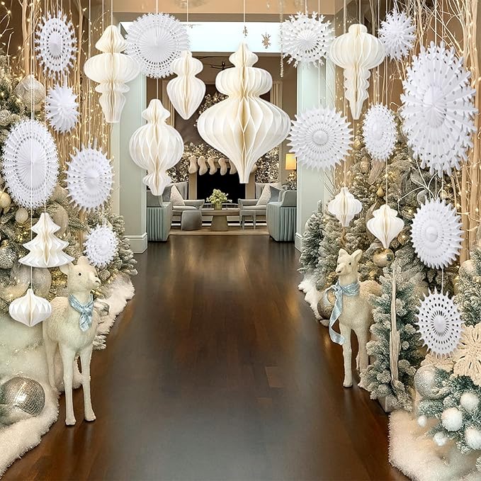 Cinnvoice 16 Pcs White Paper Snowflake Decorations 12 Pcs Christmas Paper Honeycomb Balls Ornaments Xmas Hanging Decorations Birthday Party Supplies for Christmas Tree Winter Party Wonderland
