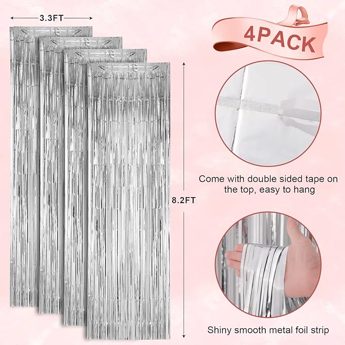 4 Pack Silver Foil Fringe Backdrop Curtains, Tinsel Streamers Birthday Party Decorations, Fringe Backdrop for Graduation, Baby Shower, Gender Reveal, Disco Party