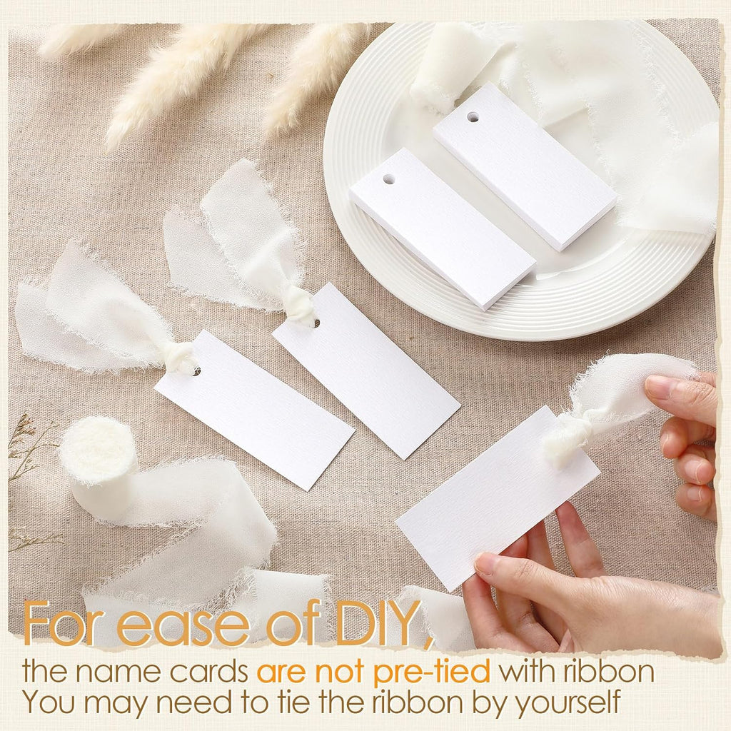 50 Pcs Name Place Cards for Table Setting Blank Wedding Place Cards with Chiffon Ribbon 1.57 x 3.54 Inch Hanging Gift Tags for Wedding Dinner Banquet Party Table Setting Supplies(Ivory)