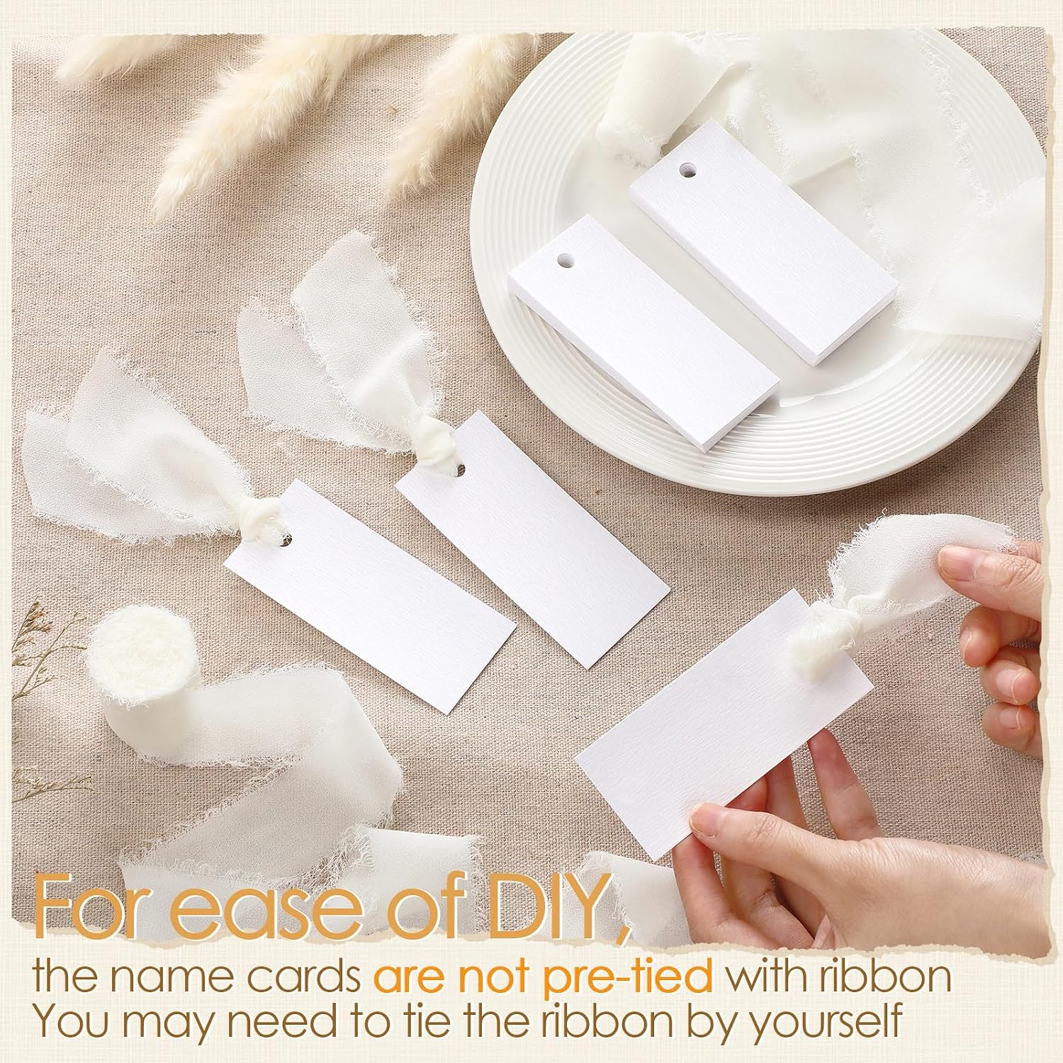 50 Pcs Name Place Cards for Table Setting Blank Wedding Place Cards with Chiffon Ribbon 1.57 x 3.54 Inch Hanging Gift Tags for Wedding Dinner Banquet Party Table Setting Supplies(Ivory)