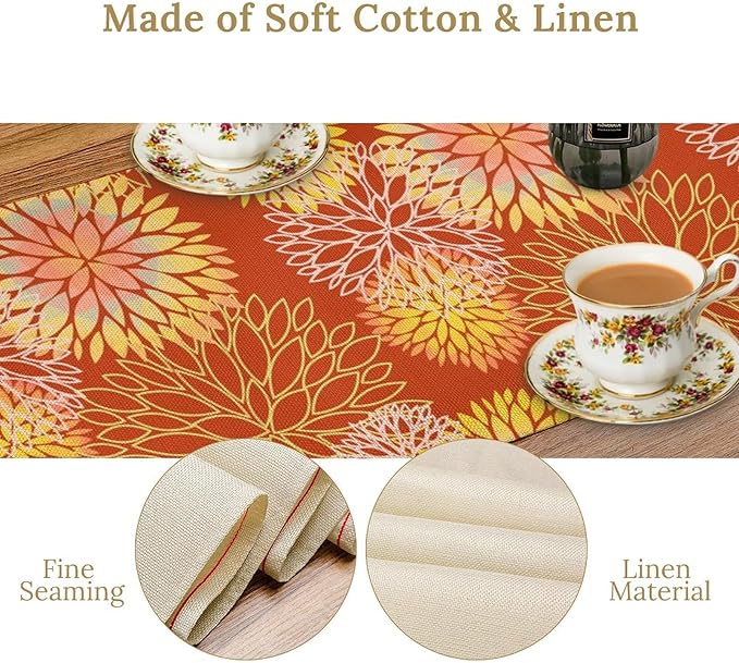 Yellow Floral Table Runner, Chrysanthemum Autumn Spring Summer Vintage Modern Linen Geometric Table Runner for Kitchen Living Room Bedroom Party Holiday, 13x36 Inch