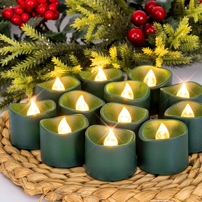 Homemory Green Tea Lights Candles Battery Operated, 200+Hour Flameless Flickering Fake Electric LED Colored Tealights Candles for Christmas, Theme Party, Seasonal Celebrations, 12-Pack