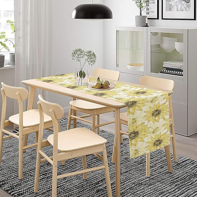 Chrysanthemum Vintage Floral Table Runner, Elegant Grunge Gray Sunflower Spring Summer Elegant Pattern Artichokes Flower Table Runner for Party Kitchen Dining Living Room Decor, 13x108 Inch
