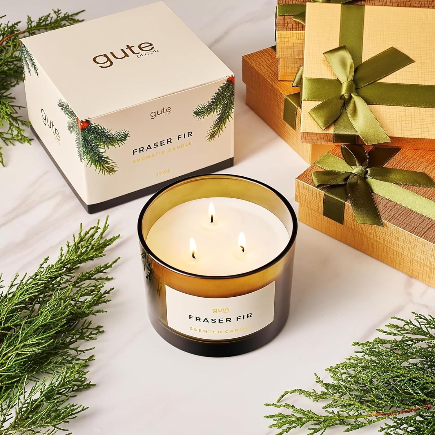 Fraser Fir 3-Wick Festive Winter Scented Soy Candle Reed Diffuser 17oz - Seasonal Home Fragrance, Aromatic Diffuser Set, Non-Toxic Candles, Forest Pine - Inspired by Winter Trees