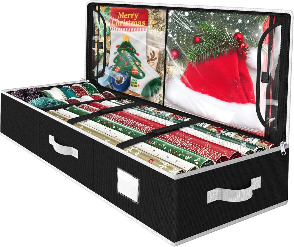 Wrapping Paper Organizer Storage, Christmas Wrapping Paper Storage for Christmas Decorations, Ribbon, Accessories, Underbed Gift Wrap Container with Flexible Partition, Interior Pockets(Black)