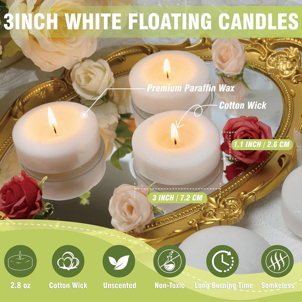 Floating Candles 3-Inch - Large White 12 Pack 8-10 Hour Slow Burn | Unscented Dripless Non Toxic Odorless Real Wax Wedding Centerpieces