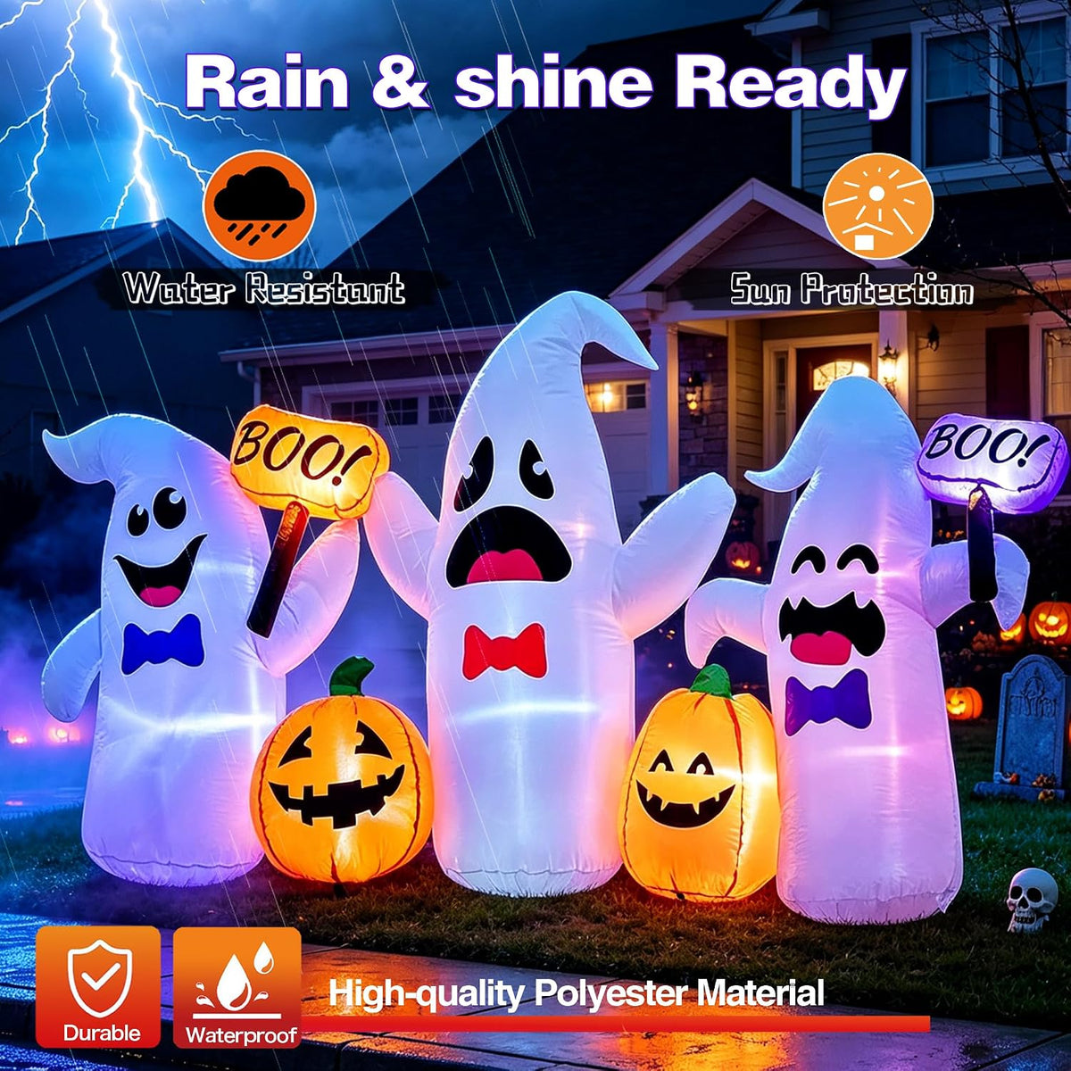 8 Ft Long Halloween Inflatable 3 Ghosts and Pumpkins Decorations Outdoor
