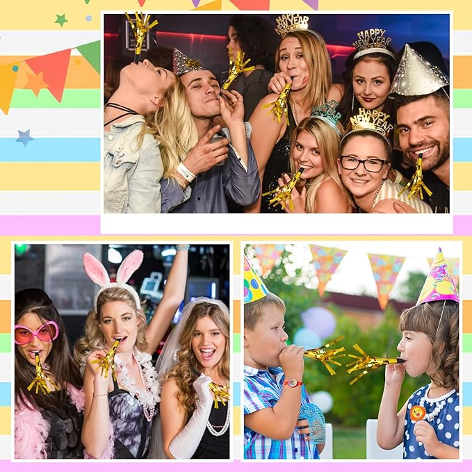 Noise Makers, 24 PCS Gold Noise Makers, Glitter Metallic Fringed Party Blowers Noisemakers Horns for Adults for Birthday Sporting Events Christmas 2025 New Year Eve Party Favor Supplies Decorations