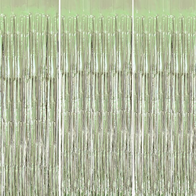 3 Pack Foil Fringe Backdrop - Light Green Shiny Tinsel Curtains for Party Decoration/Photo Booth Props - 3.3x8.2 FT Metallic Foil Backdrop for Birthday, Wedding, Graduation, Christmas