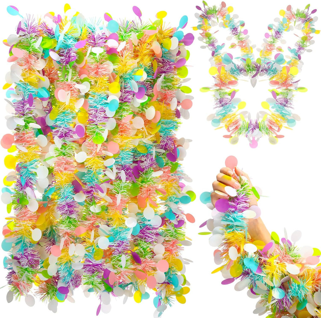 WILLBOND 32.8ft Spring Colorful Tinsel Garland Decor Extra Wide 4" Pastel Garland with Confetti Summer Metallic Twist Hanging Decor for Tree Festival Birthday Party Indoor Outdoor Classroom