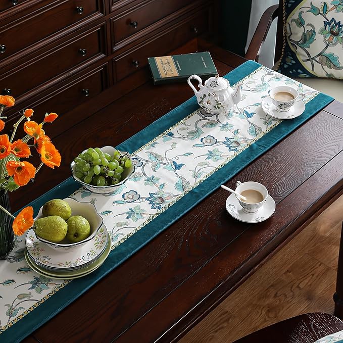 patdrea Designer Elegant French Floral Velvet Table Runner, Teal with Blossoms Pattern Table Mat, Decoration for Kitchen Dining Coffee Table Shelf Cabinet Banquet Thanksgiving,12"*102"