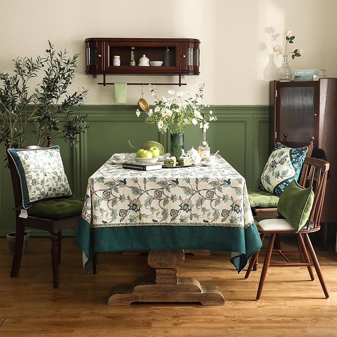 patdrea Designer Green Linen Rectangle Tablecloth,Vintage Floral Pattern Breathable Table Cloth,Home Table Cover Decor for Kitchen Dining,Christmas,Thanksgiving,Holiday,Tea Party,55"x87"-Noah