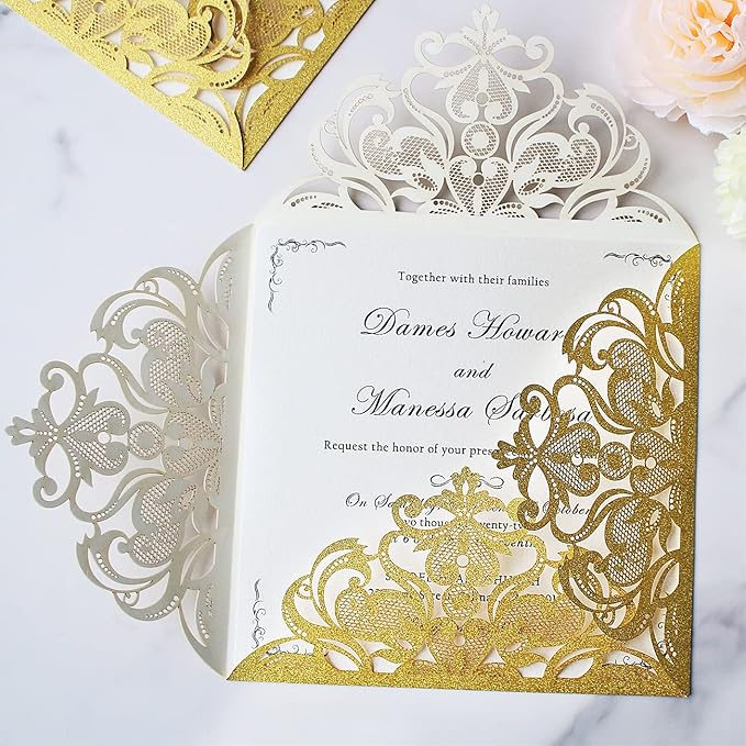 Hosmsua 50PCS Personalized Gold Laser Cut Wedding invitation Cards With Envelopes 6.3 x 6.3 Inch Hollow Lace Rose Invitation Pocket for Engagement Wedding Bridal Shower Invite (Gold Glitter)