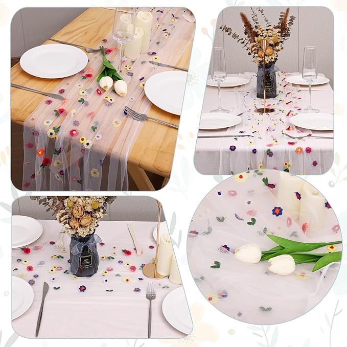 3PCS Lvory Floral Table Runner 10 FT, Embroidery Daisy Table Runners Seasonal Sheer Tulle Table Runner for Thanksgiving Wedding Birthday Baby Shower Party ﻿