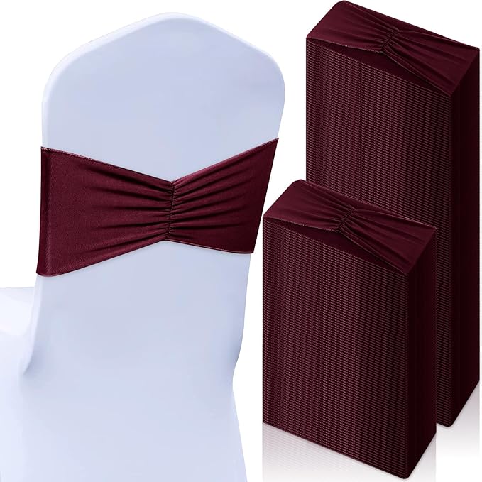 Moukeren 100 Pcs Spandex Chair Sashes Bows Bands Slider Sashes for Chair Covers Elastic Bands Ties Ribbon Decorations for Wedding Party Events Ceremony Birthday Banquet (Burgundy)
