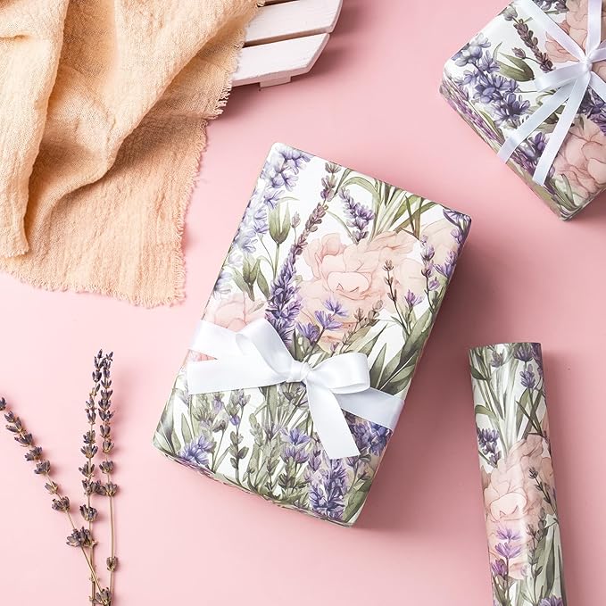 WRAPAHOLIC Floral Wrapping Paper Roll - Mini Roll - 17 Inch x 9.8 Feet - Lavender Flower Wrapping Paper, Perfect for Girls Women Birthday, Wedding, Bridal Shower