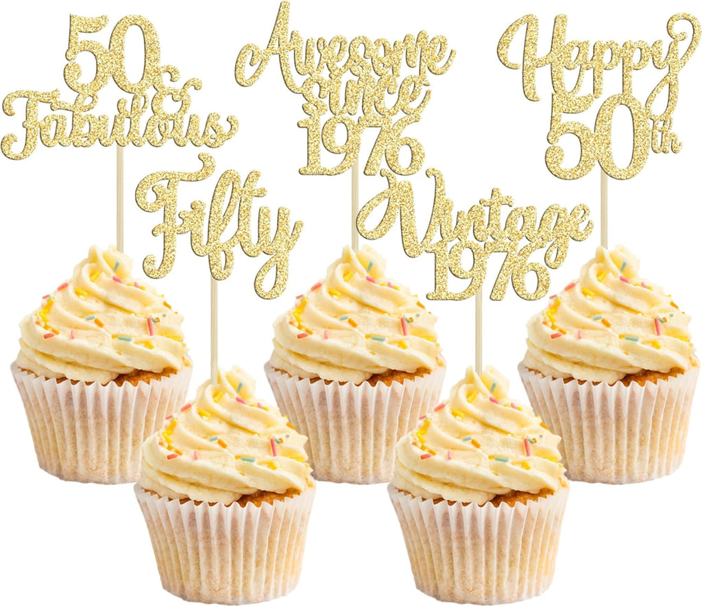 30Pcs Vintage 1976 Cupcake Toppers Glitter Fifty Happy 50th Birthday 50 Fabulous Cupcake Picks Cheers to 50 Years for 50th Birthday Wedding Anniversary Party Cake Decorations Supplies Gold