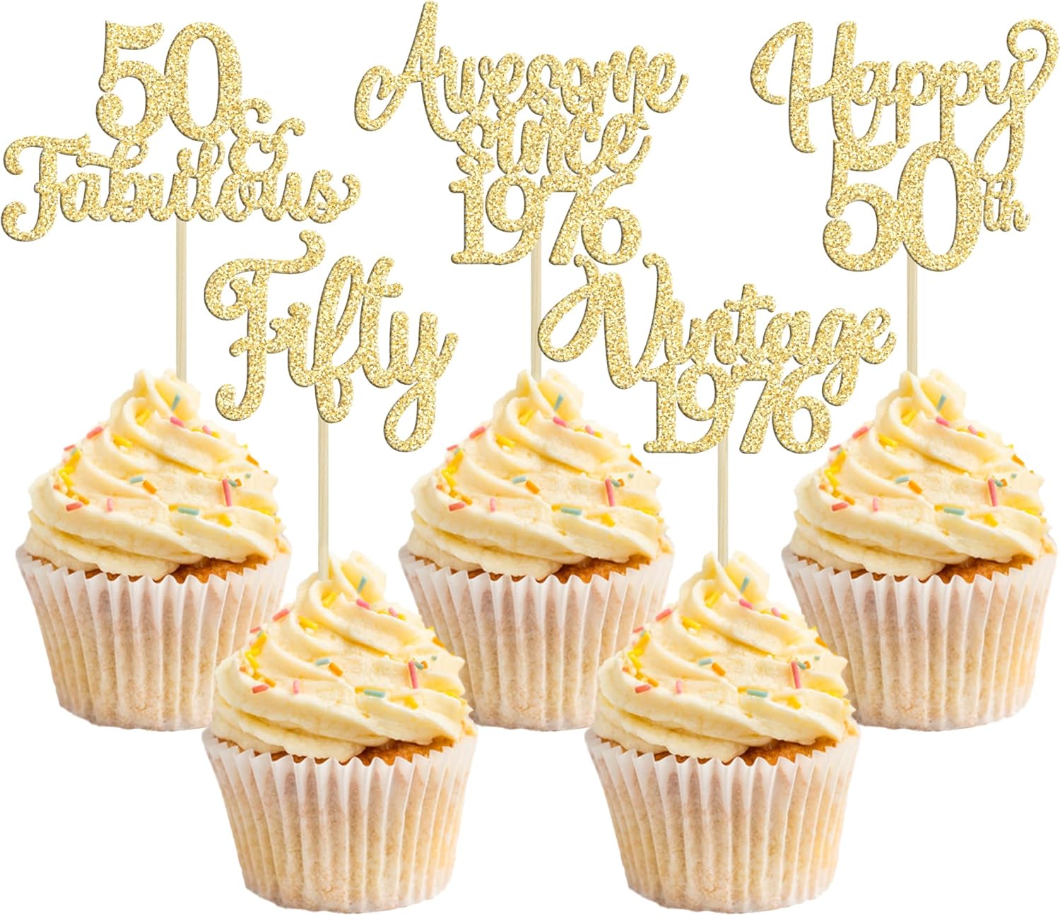 30Pcs Vintage 1976 Cupcake Toppers Glitter Fifty Happy 50th Birthday 50 Fabulous Cupcake Picks Cheers to 50 Years for 50th Birthday Wedding Anniversary Party Cake Decorations Supplies Gold